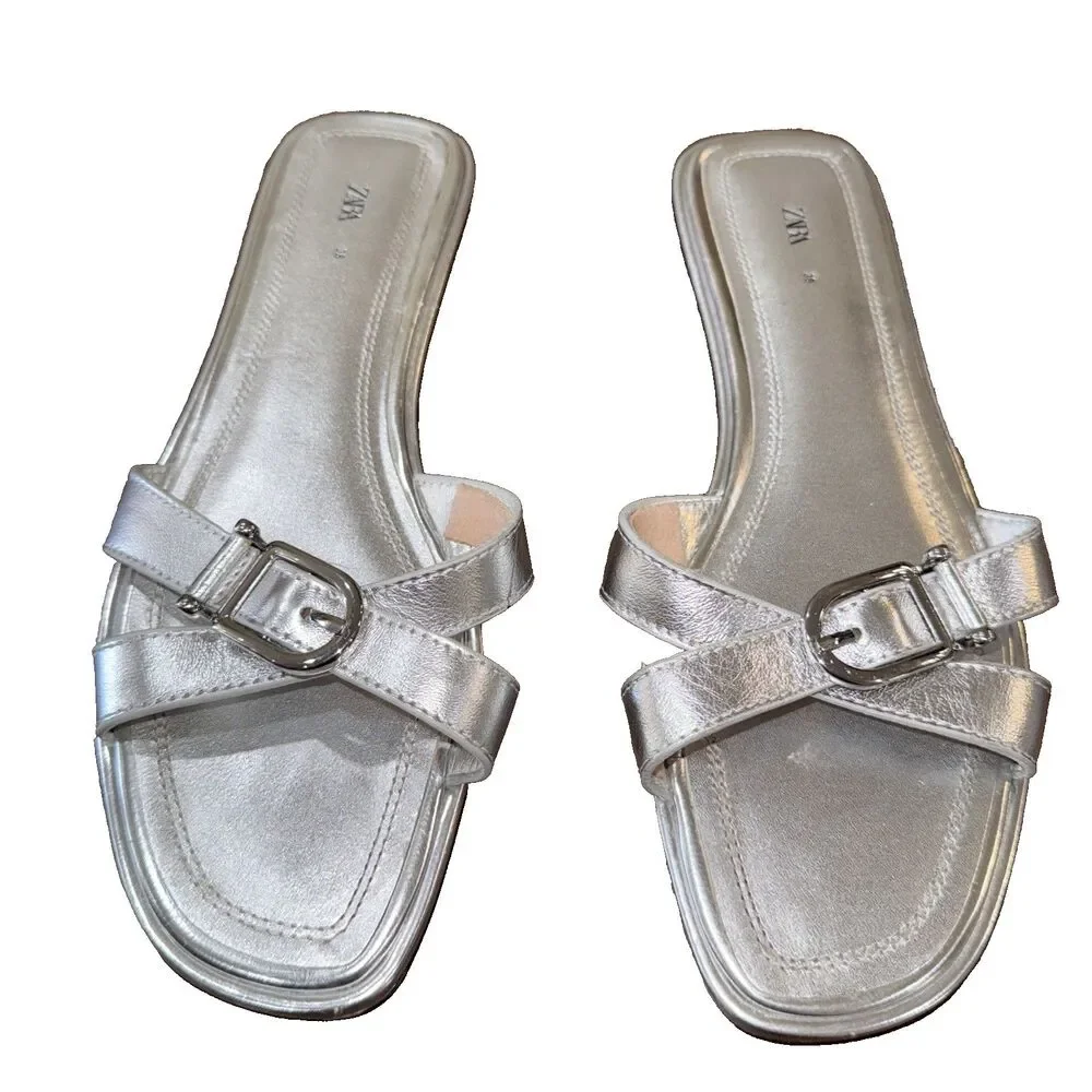 Zara Metallic Silver Strappy Slide Summer Sandals Buckle Open Toe EU38 US7 - Picture 2 of 8